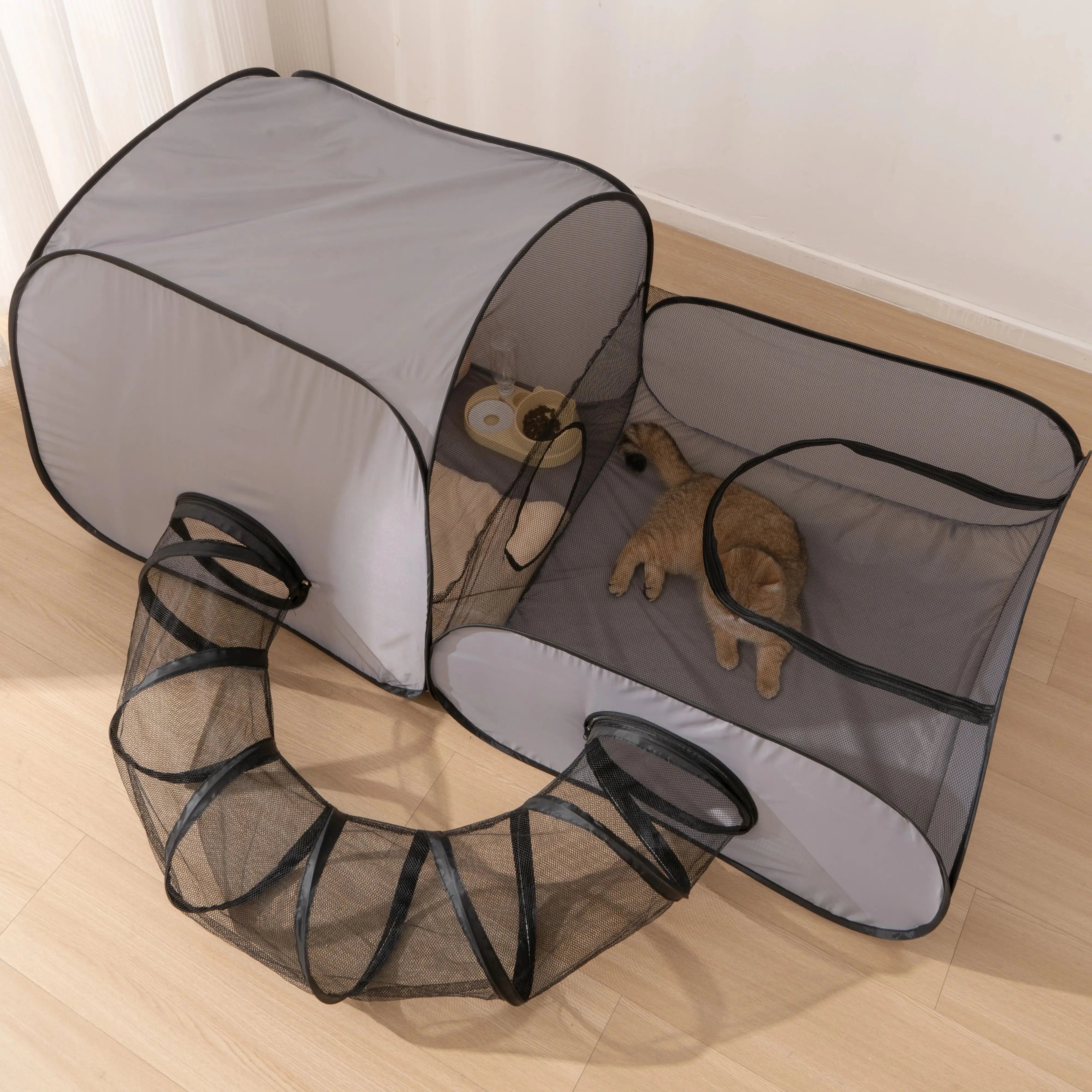 Square Gray Cats and Dogs Delivery Room Hard Oxford Cloth with a Play Tunnel Foldable Pets Nest